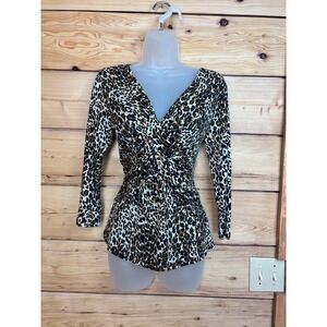Leopard Print Twist Front V-Neck Top Brown Tan Black 3/4 Sleeve Vintage‎ Small